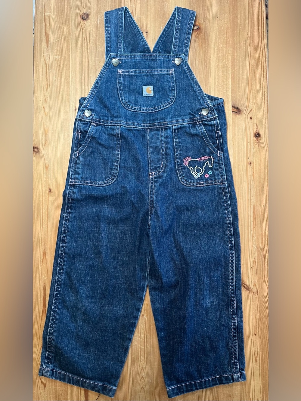 Carhartt Kids Dark Blue Denim Overalls with Horse Patch
